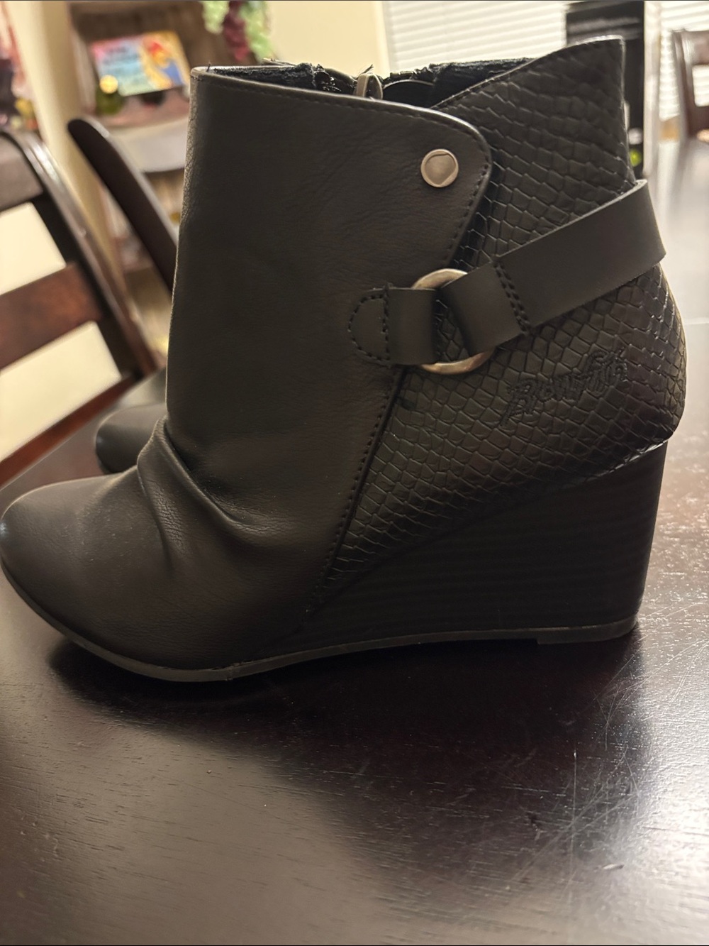 Blowfish Black Wedge Ankle Boot with Buckle Accent